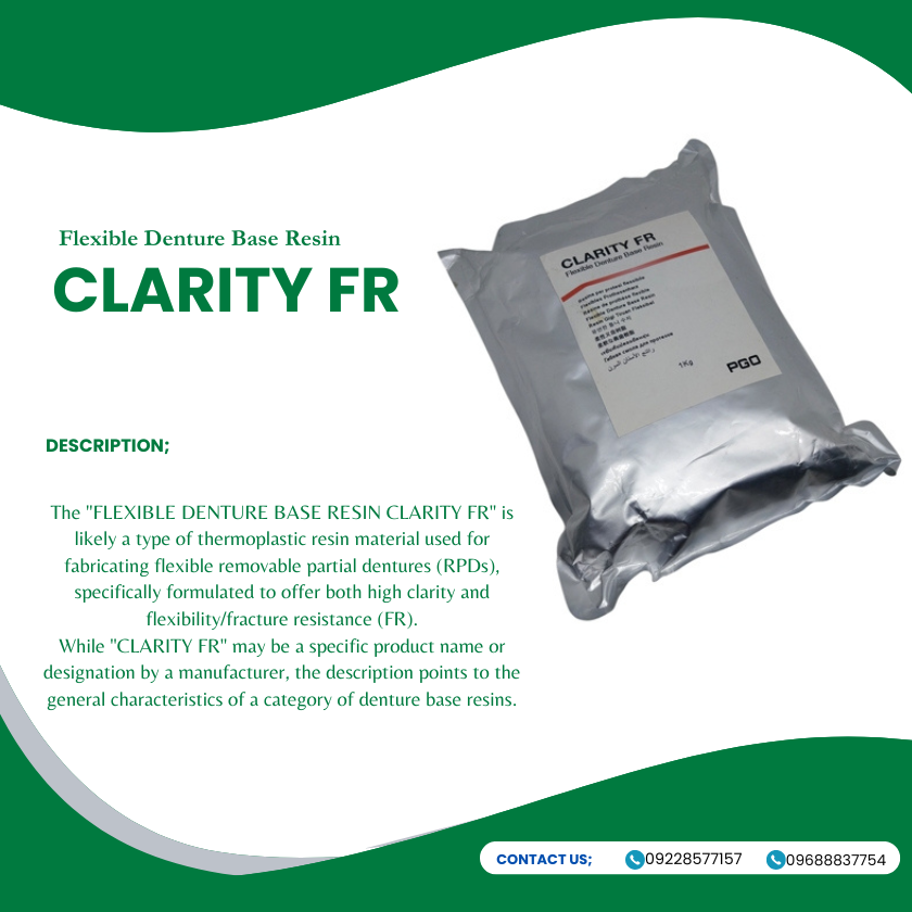 CLARITY FR (Flexible Denture Base Resin) 1kg/100grams. CLARITY FR (Flexible Denture Base Resin) 1kg/100grams.